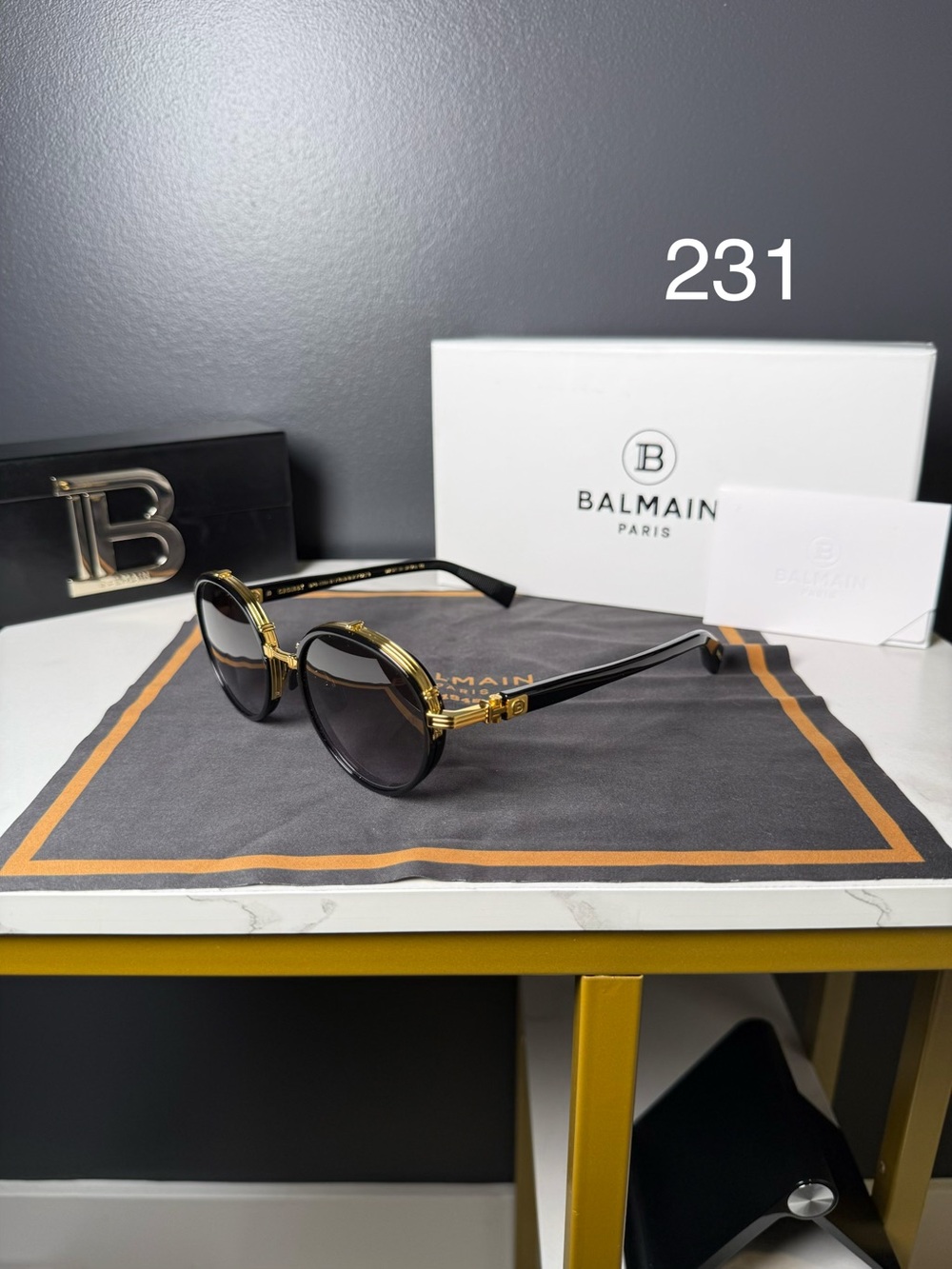 Balmain Black Sunglasses with Gold Trim – Round Designer Shades